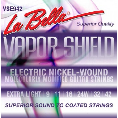 VSE942 Vapor Shield Комплект струн для электрогитары, никелированные, Extra Light, 9-42, La Bella VSE942 Vapor Shield Комплект струн для электрогитары, никелированные, Extra Light, 9-42, La Bella