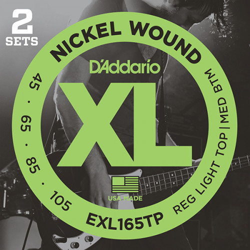 EXL165TP Nickel Wound Струны для бас-гитары, Custom Light, 45-105, 2 комплекта, Long, D'Addario EXL165TP Nickel Wound Струны для бас-гитары, Custom Light, 45-105, 2 комплекта, Long, D'Addario