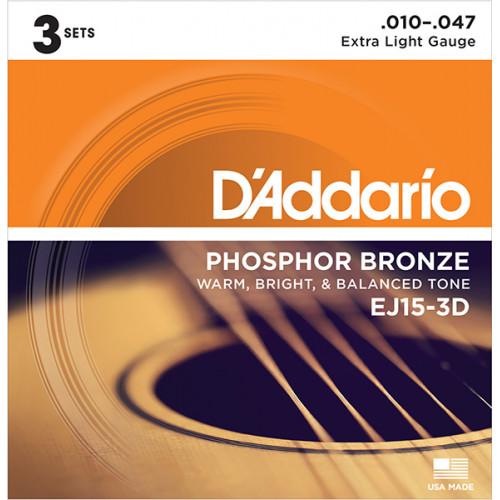 EJ15-3D PHOSPHOR BRONZE Коробка из 3 компл. струн для акуст. гитары Extra Light 10-47 D`Addario