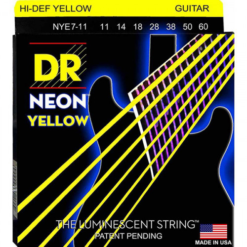 NYE7-11 Neon Yellow Комплект струн для 7-струнной электрогитары, никелированные, с покр., 11-60, DR NYE7-11 Neon Yellow Комплект струн для 7-струнной электрогитары, никелированные, с покр., 11-60, DR