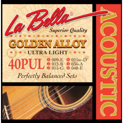 40PUL Golden Alloy Комплект струн для акустической гитары, бронза, Ultra Light, 9-48, La Bella 40PUL Golden Alloy Комплект струн для акустической гитары, бронза, Ultra Light, 9-48, La Bella