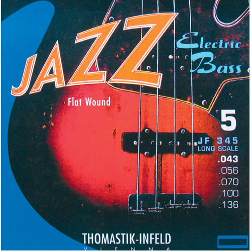 JF345 Jazz Flat Wound Комплект струн для 5-струнной бас-гитары, никель, пл.оплетка,43-136, Thomastik JF345 Jazz Flat Wound Комплект струн для 5-струнной бас-гитары, никель, пл.оплетка,43-136, Thomastik
