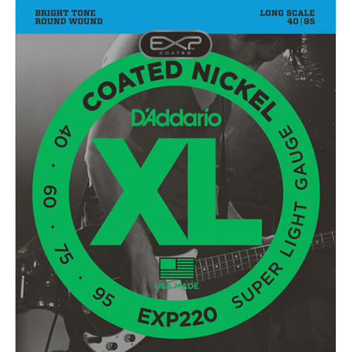 EXP220 Coated Nickel Wound Комплект струн для бас-гитары, с покрытием, Super Light, 40-95, D'Addario EXP220 Coated Nickel Wound Комплект струн для бас-гитары, с покрытием, Super Light, 40-95, D'Addario