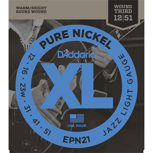 EPN21 XL Pure Nickel Комплект струн для электрогитары, никель, Jazz Light, 12-51, D'Addario EPN21 XL Pure Nickel Комплект струн для электрогитары, никель, Jazz Light, 12-51, D'Addario