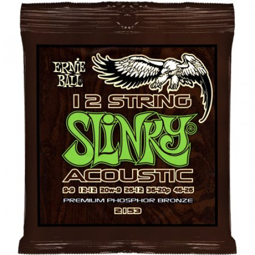 P02153 Slinky Комплект струн для 12-струнной акустической гитары, фосфор/бронза, 9-46, Ernie Ball