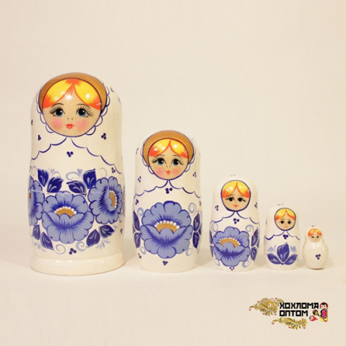 LHM10123 Матрешка "Гжель белая" 5 кукольная, Хохлома