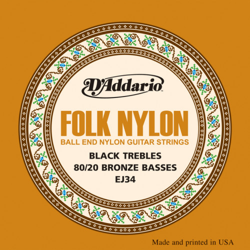 EJ34 Folk Nylon Струны для фолк гитары, шарики на концах, 80/20 бронза/черный нейлон, D'Addario EJ34 Folk Nylon Струны для фолк гитары, шарики на концах, 80/20 бронза/черный нейлон, D'Addario