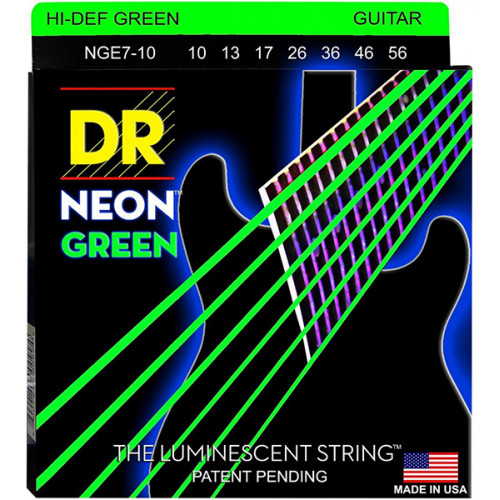 NGE7-10 Neon Green Комплект струн для 7-струнной электрогитары, никелированные, с покр., 10-56, DR NGE7-10 Neon Green Комплект струн для 7-струнной электрогитары, никелированные, с покр., 10-56, DR
