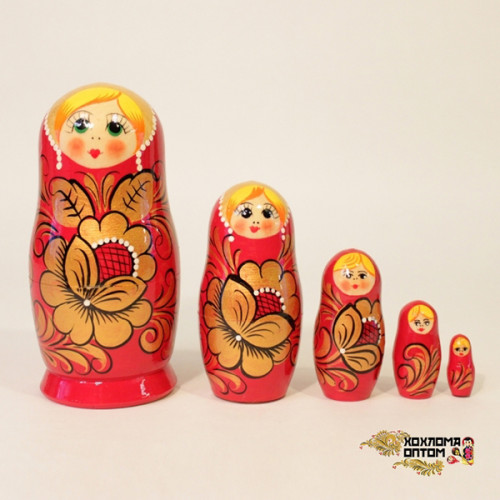 LHM10144 Матрешка "Хохлома красная" 5 кукольная, Хохлома